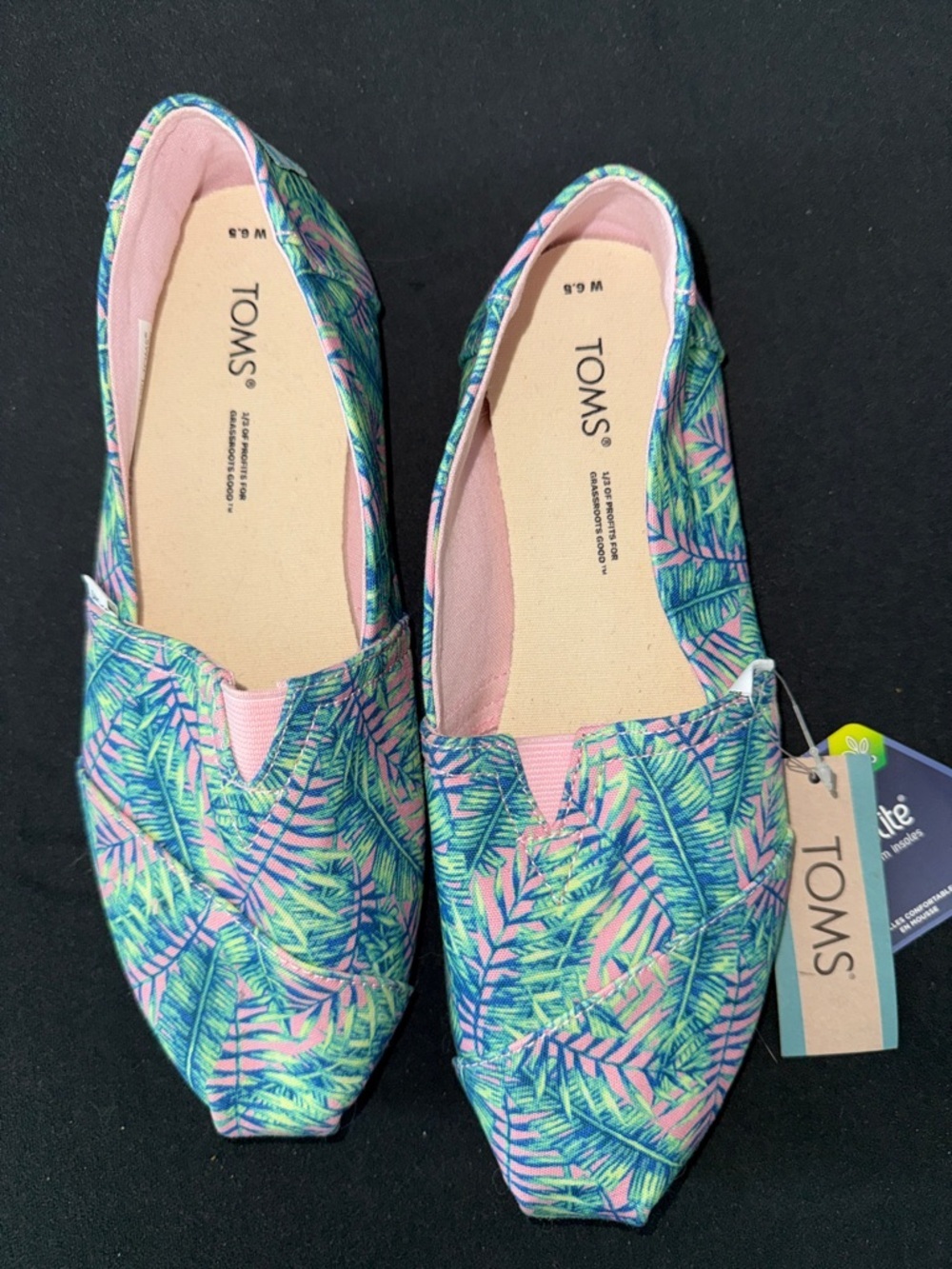 TOMS Tropical Leaf Print Pink & Green Alpargata Flats summer, flats, colorful - Picture 2 of 9